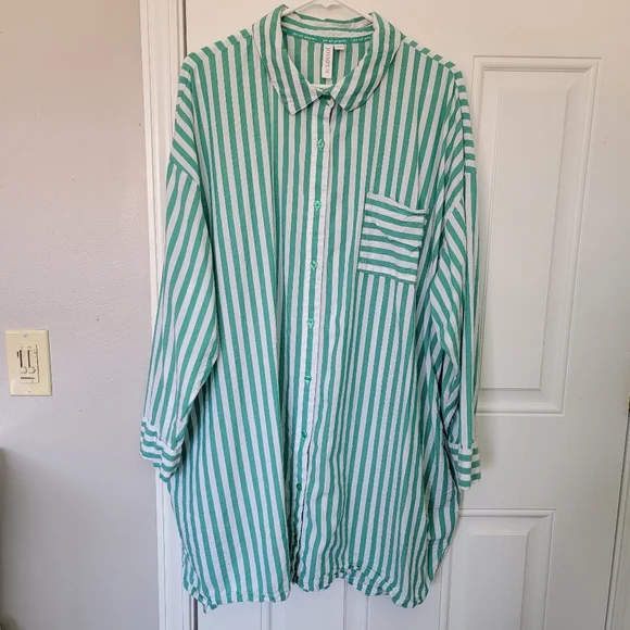 Joyspun Women's Green White Cabana Striped Sleep Shirt Swim Cover Up Pockets 3X - Picture 2 of 12